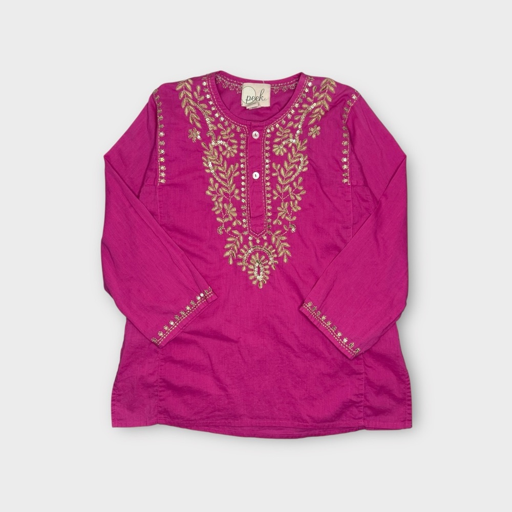 Peek Magenta Pink Gold Embroidered Sequin Long Sleeve Tunic Top